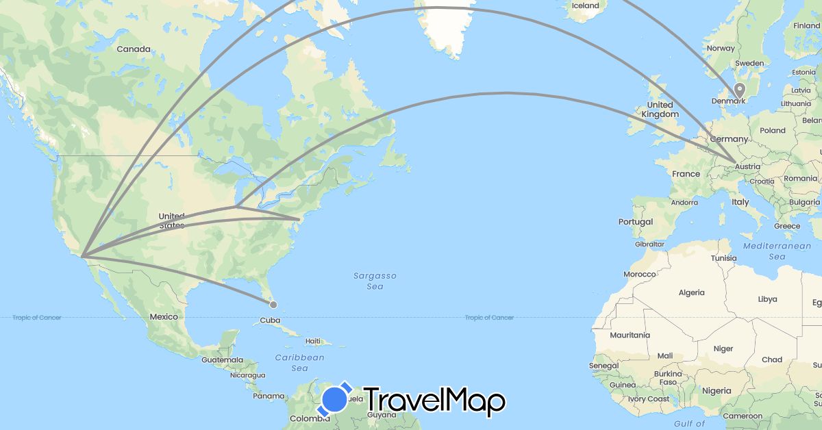 TravelMap itinerary: driving, plane in Germany, Denmark, United Kingdom, United States (Europe, North America)